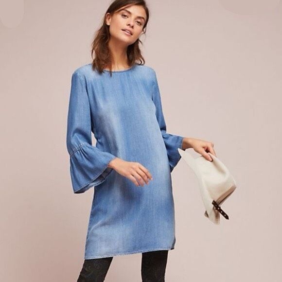 Cloth & Stone Womens Blue Chambray Back Tie Bell Sleeve Denim Mini Dress Small - Picture 1 of 9